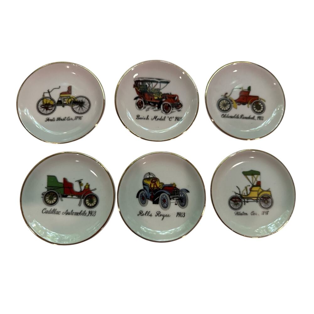 Vntg Japan Porcelain 6 Car Coaster Ashtray Set Ford Buick Cadillac Rolls Royce